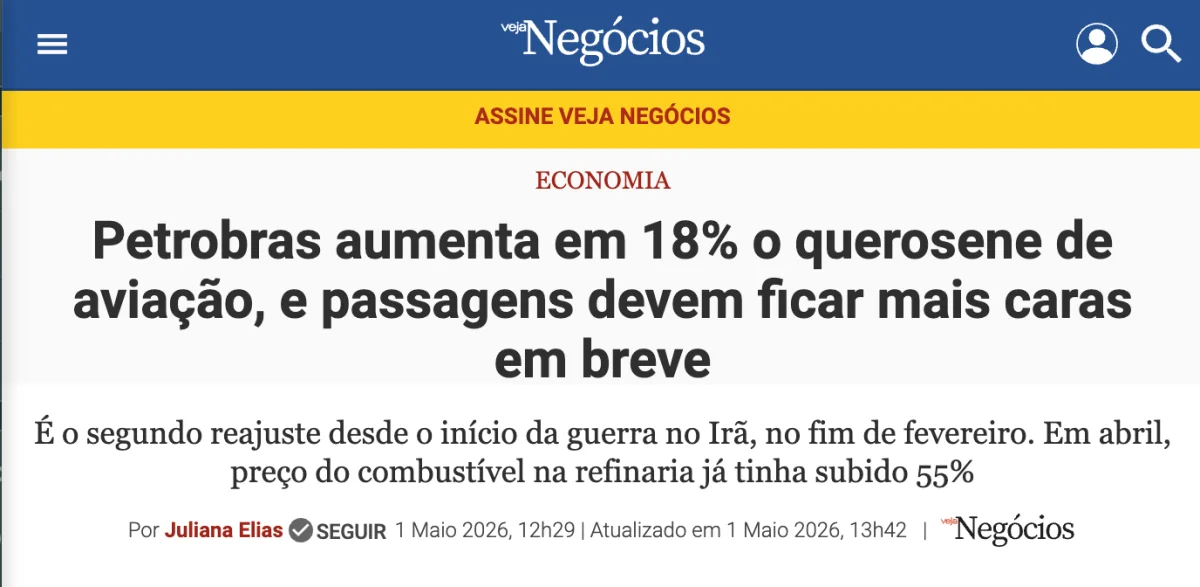 Manchete da Veja Negócios: Petrobras aumenta em 18% o querosene de aviação, e passagens devem ficar mais caras em breve