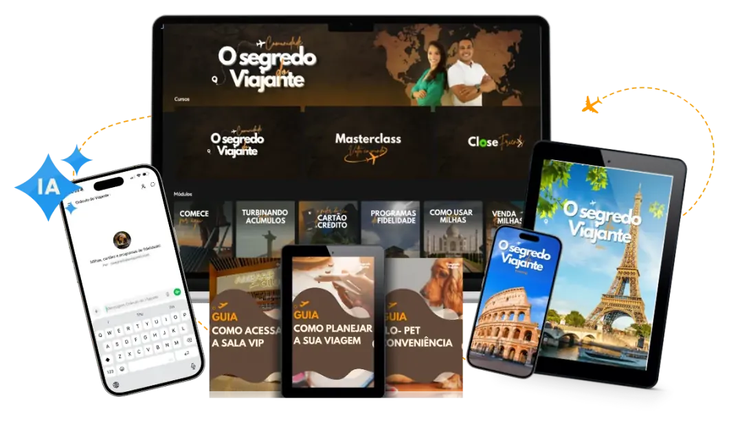 Área de membros da Comunidade O Segredo do Viajante no computador, tablet e celular, com a Thay IA e os guias