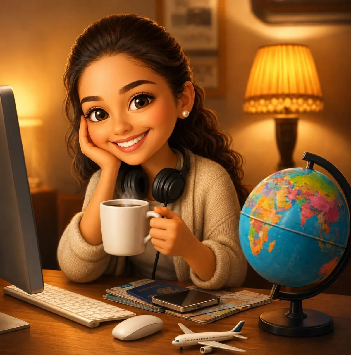 Ilustração da Thay IA, assistente do O Segredo do Viajante, sorrindo com uma xícara de café ao lado de um globo e um aviãozinho