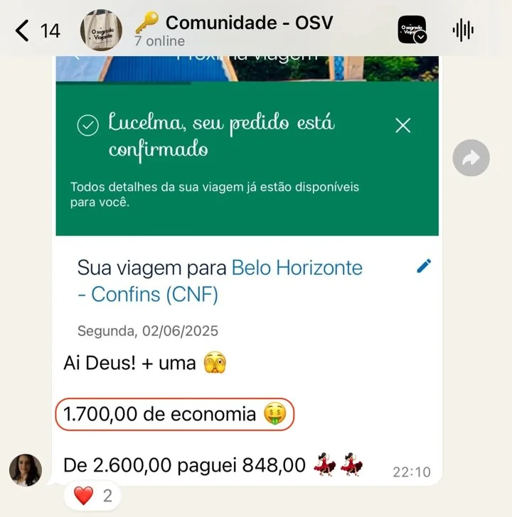 Print: pedido de passagem confirmado com 1.700 de economia