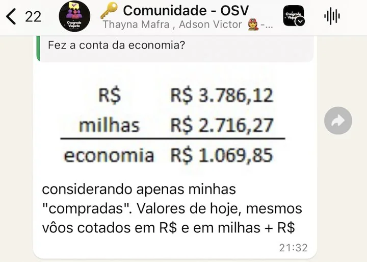 Print: conta da economia, R$ 3.786,12 em dinheiro contra R$ 2.716,27 em milhas