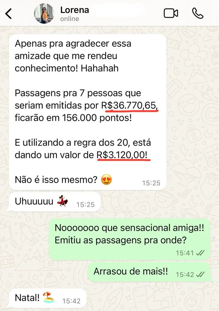 Print: Lorena emitiu passagens para 7 pessoas que custariam R$ 36.770,65 por 156.000 pontos