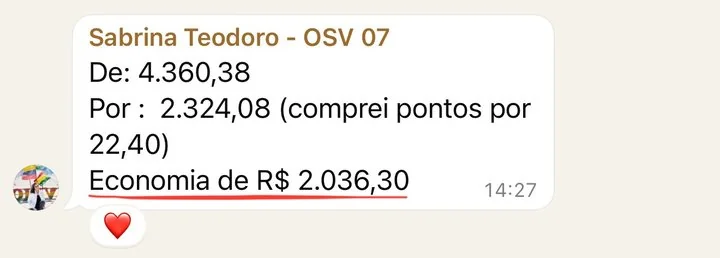 Print: Sabrina, de 4.360,38 por 2.324,08, economia de R$ 2.036,30